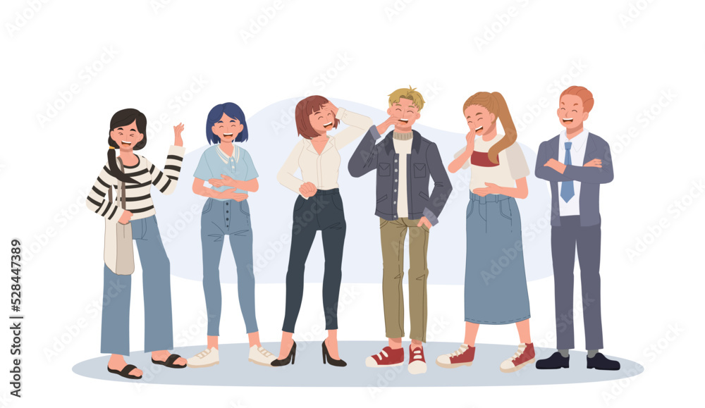 Happy group of people having fun and smiling laughing together, Vector illustration. full length