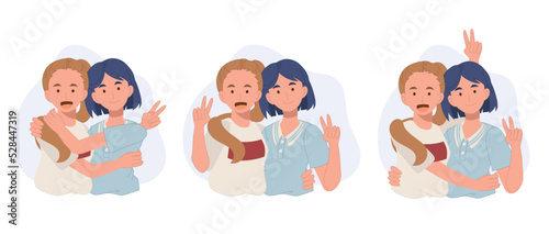 A set portrait of Best Friends Girls. friends hug together.Best friends together. vector illustration.