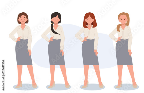 Set of diverse girls with different hairstyles in formal office worker dress up.