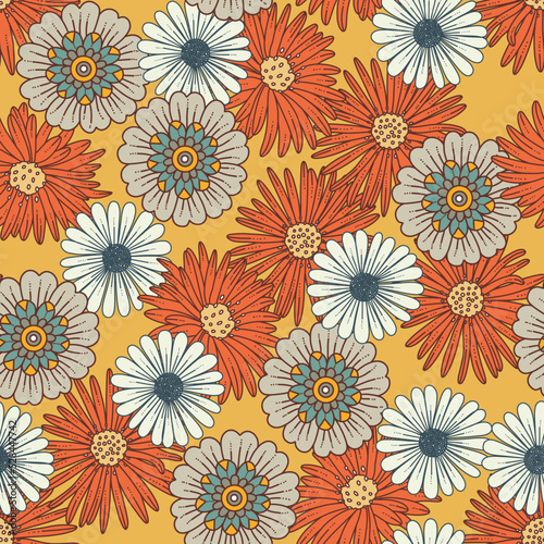 Summer Groovy Florals Vector Seamless Pattern