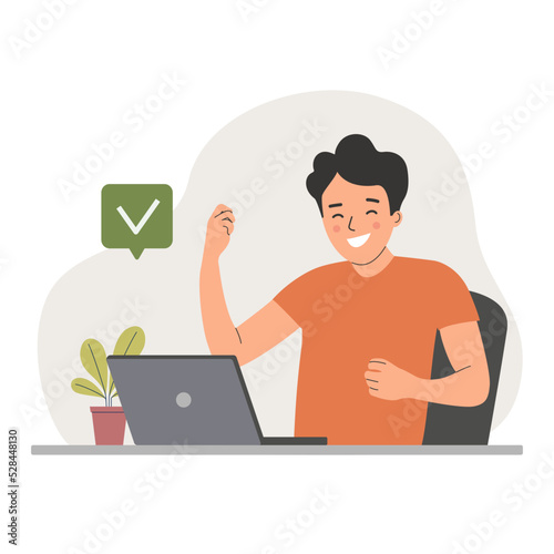 Young man before the laptop with show Yeah positive gesture, approval gesturing. Checkmark. Flat style cartoon vector illustration.