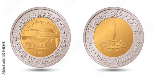 Egypt coin 1 pound 2019 New bridges in Asyut. Reverse and obverse of Egyptian one pound coin in vector illustration.