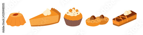 Set of sweet cake or pastries, pumpkin pie, cupcake, bun isolated on white background. Collection of desserts or flour products from bakery hand drawn vector illustrations