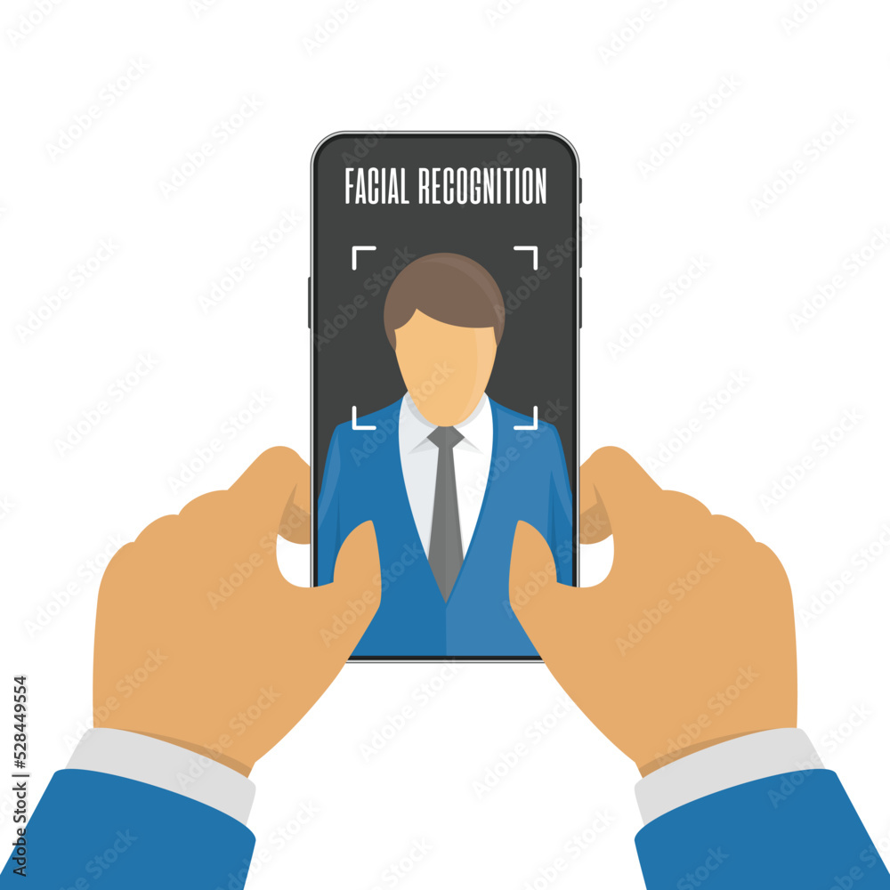 Face ID or face recognition system on mobile phone. Facial recognition concept. Smartphone with human head and scanning app on screen. Vector illustration in flat style. EPS 10.