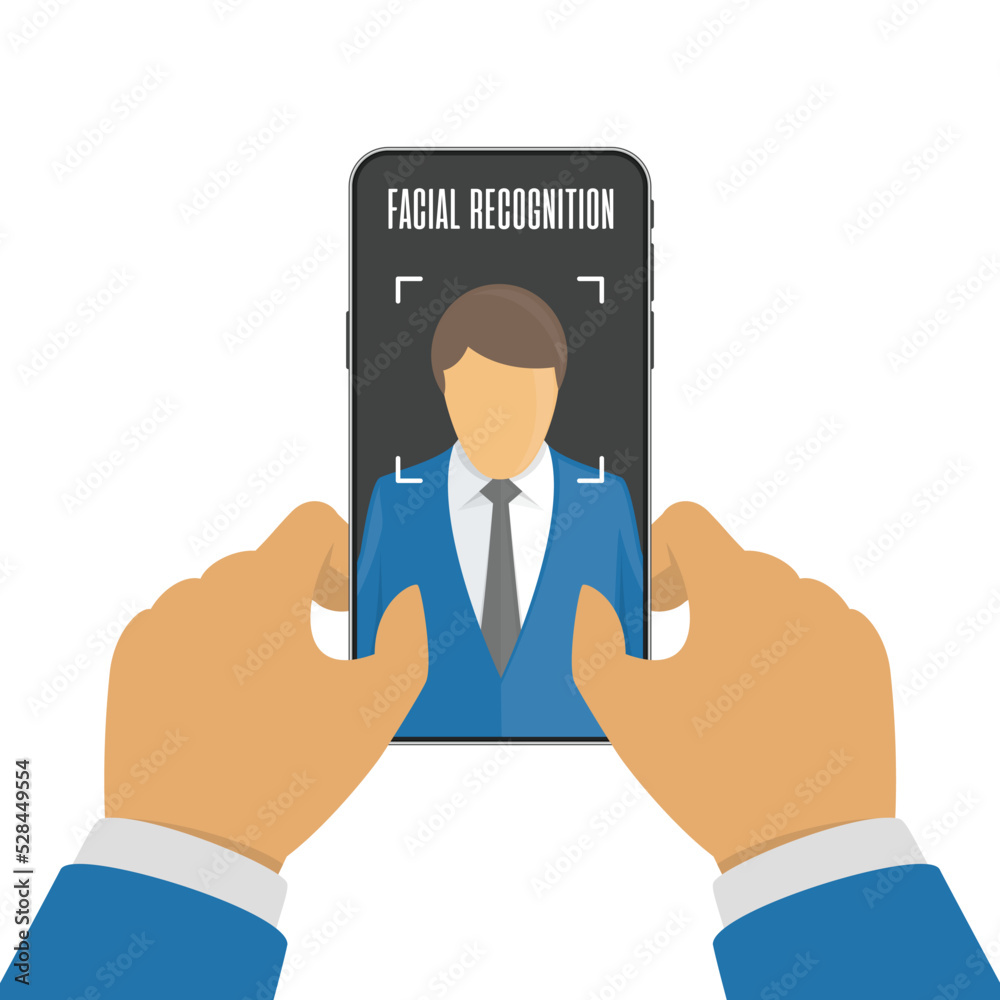Face ID or face recognition system on mobile phone. Facial recognition concept. Smartphone with human head and scanning app on screen. Vector illustration in flat style. EPS 10. Face ID or face recognition system on mobile phone. Facial recognition concept. Smartphone with human head and scanning app on screen. Vector illustration in flat style. EPS 10.