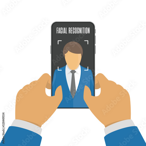 Face ID or face recognition system on mobile phone. Facial recognition concept. Smartphone with human head and scanning app on screen. Vector illustration in flat style. EPS 10.