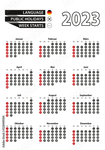 German calendar 2023 with numbers in circles  week starts on Sunday