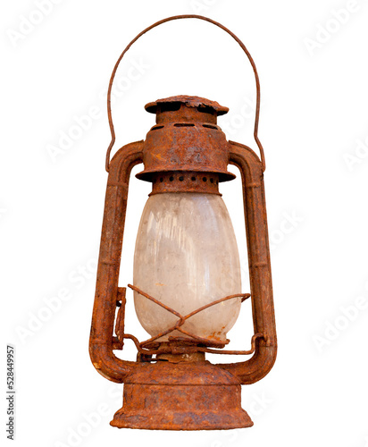 Old rusty lantern isolated on white background photo