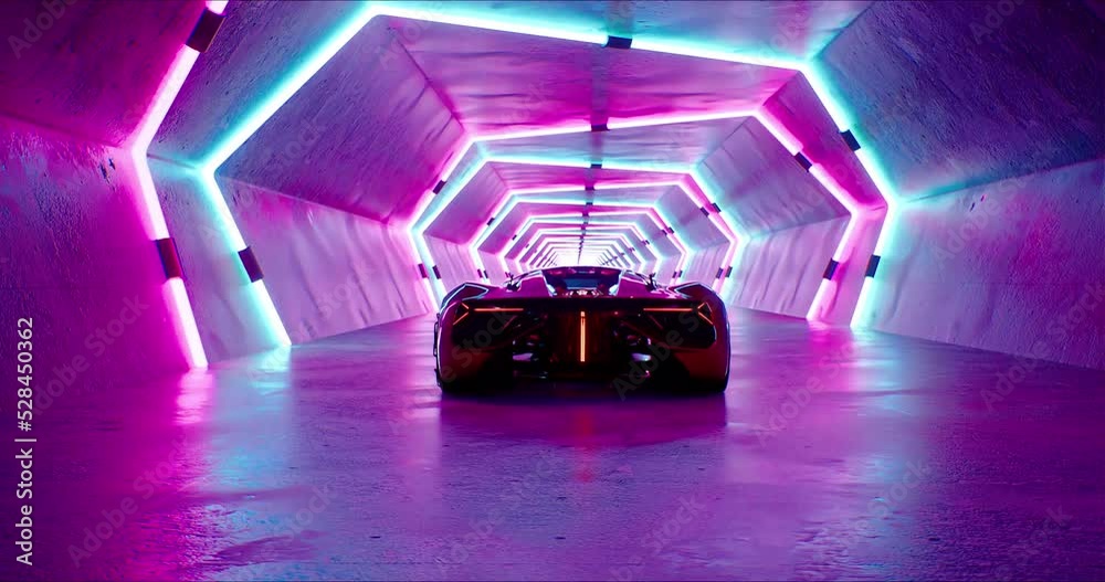 A modern high speed red racing car drives through a neon tunnel. Futuristic technology 3D rendering