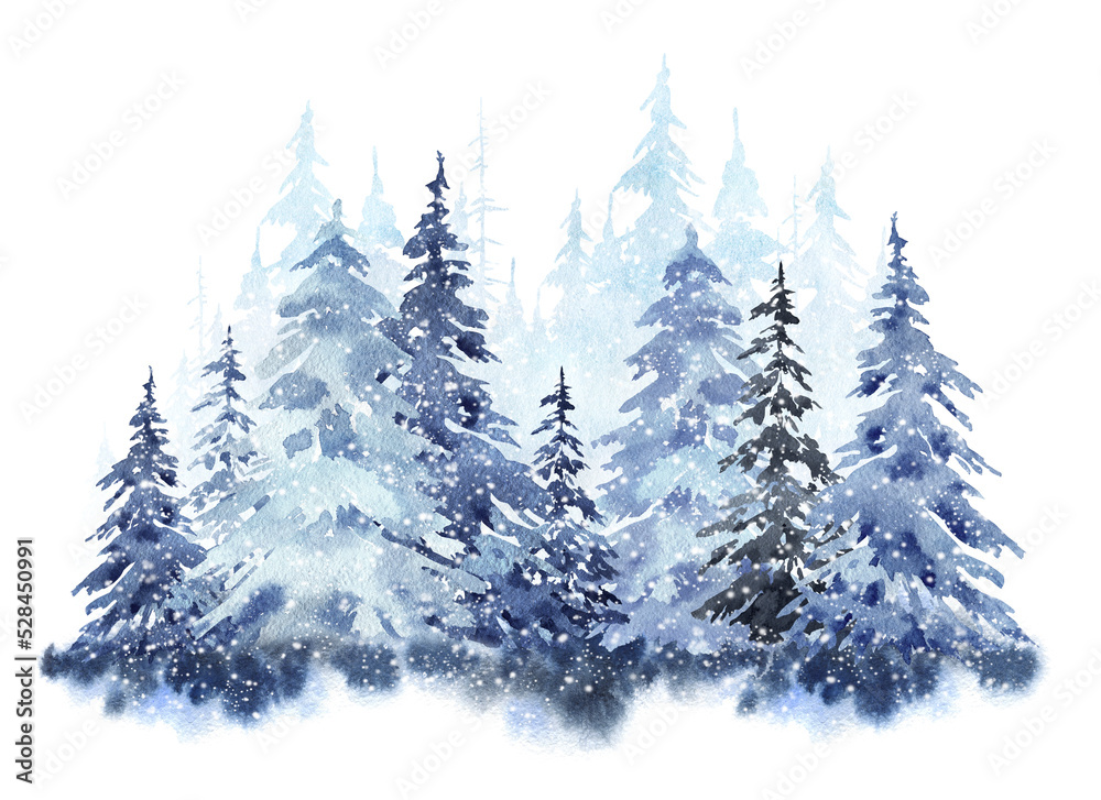 Winter forest watercolor nature background, Christmas landscape, Snowfall