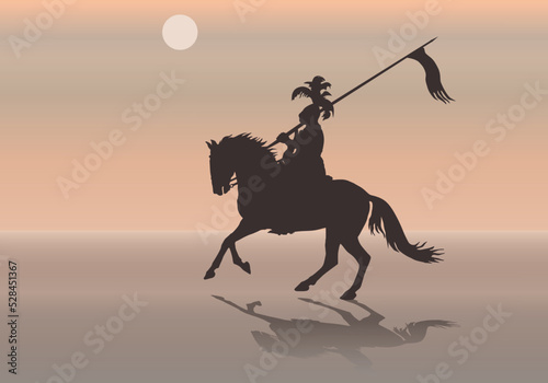 black silhouette and shadow of a medieval knight on horseback 