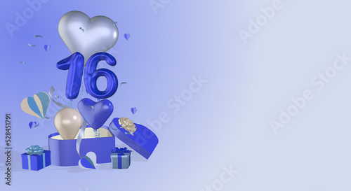 3D render rendered gift boxes heart balloons ribbon bows balloon numbers numerals suitable for 16th birthday or anniversary photo