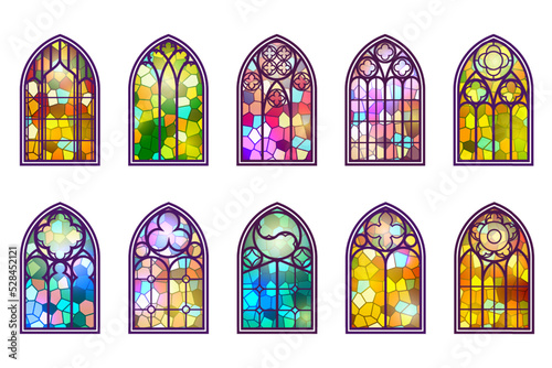 Gothic windows set. Vintage stained glass church frames. Element of traditional european architecture. Vector