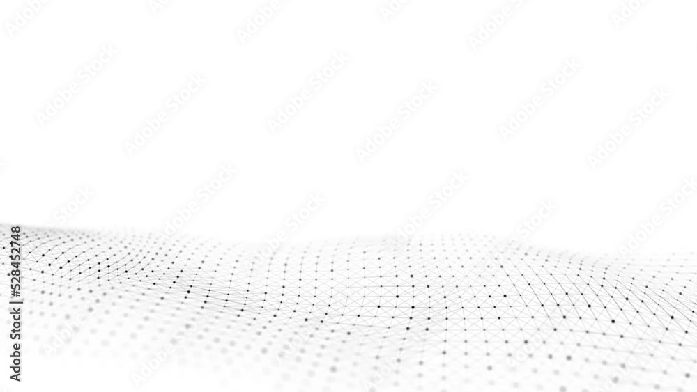 Abstract technology wave of particles. Big data visualization. Light background with motion dots and lines. Artificial intelligence. 3d rendering.