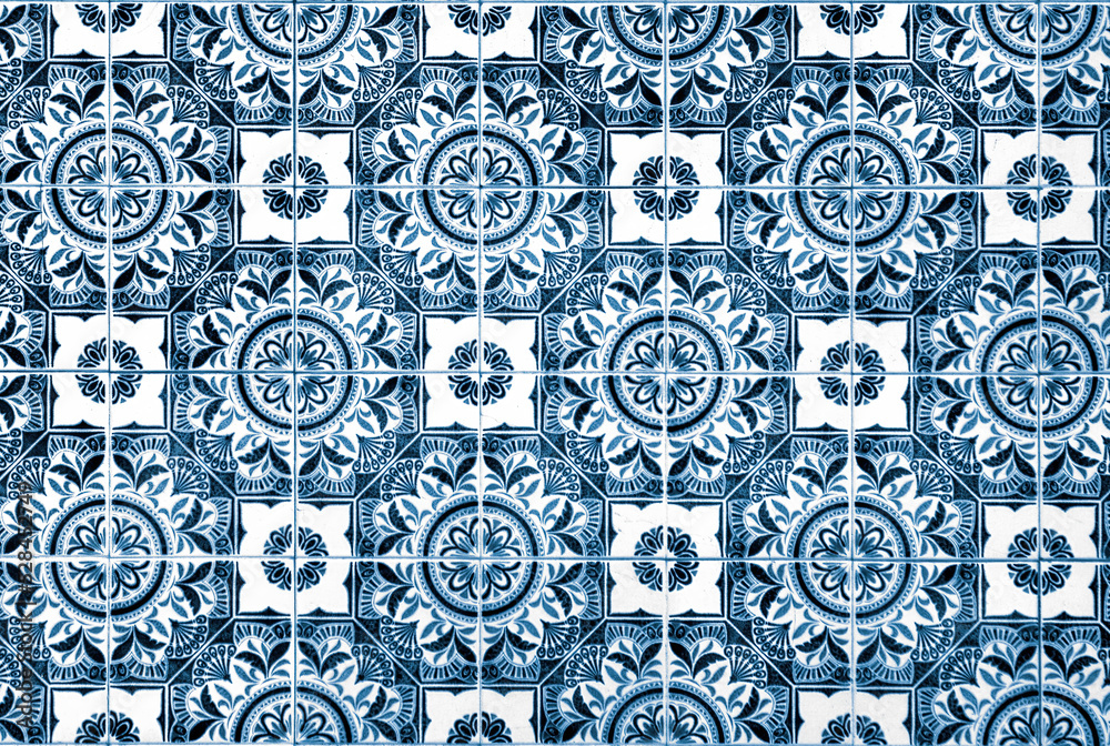 Panel of blue and white tiles in a typical pattern of Portuguese culture