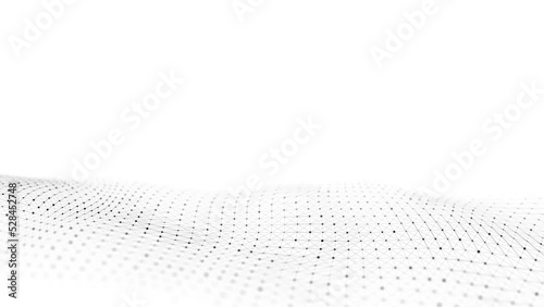 Abstract technology wave of particles. Big data visualization. Light background with motion dots and lines. Artificial intelligence. 3d rendering.