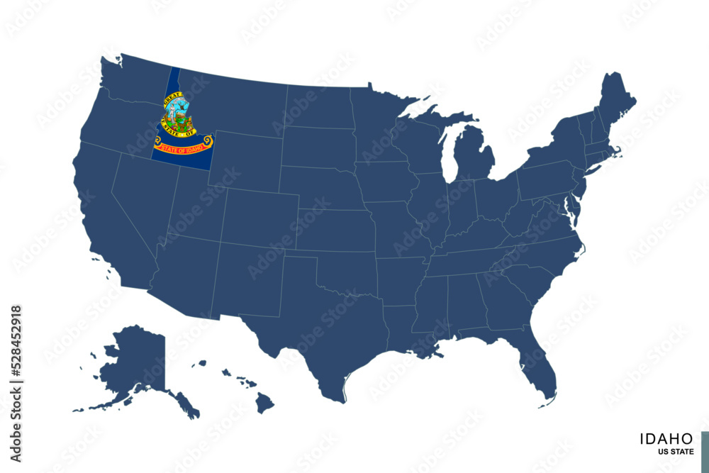 State of Idaho on blue map of United States of America. Flag and map of Idaho.