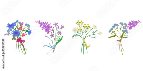 Set of wildflower bouquets. Different flowers in cartoon style.