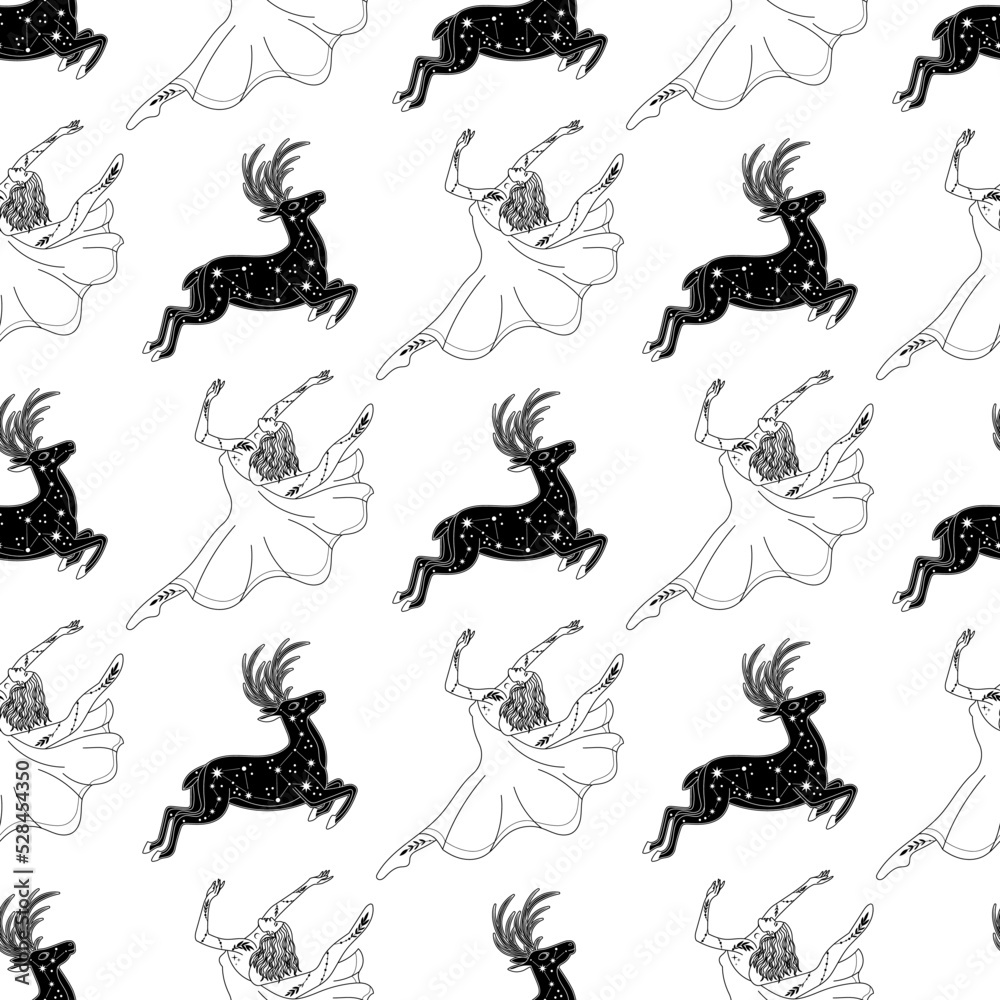 Obraz premium Seamless pattern with witch, girl. Mystical pattern. halloween, sun, stars, moon, moon phases. Vector.