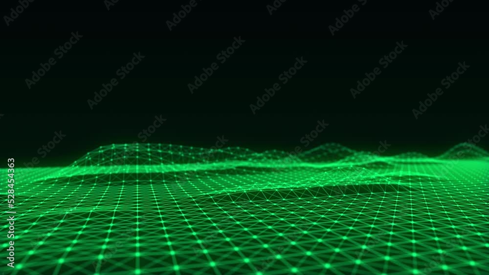 Mountain wireframe landscape. Technology polygonal terrain. Futuristic green background. 3d rendering.