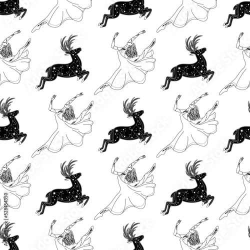 Seamless pattern with witch, girl. Mystical pattern. halloween, sun, stars, moon, moon phases. Vector.
