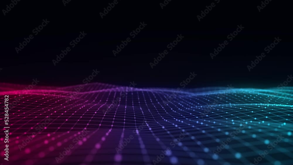 Futuristic digital wave. Dark cyberspace. Abstract wave with dots and line. Colorful moving particles on a black background. 3d rendering.