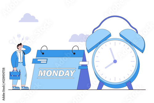 Hate monday morning, fear of routine office job, tired unhappy worker trying to start the work week, burnout syndrome concepts. Lazy businessman seeing alarm clock and calendar showing monday