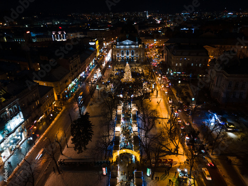 overhead view of city center at christmas holidays