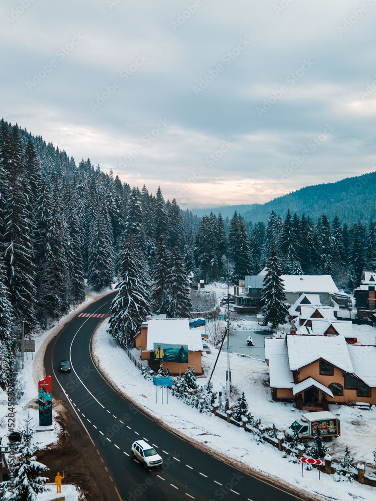 aerial view of road in winter carpathian mountains aerial view of road in winter carpathian mountains
