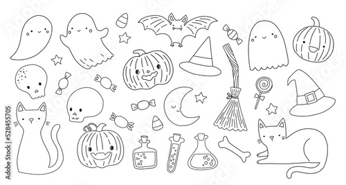 Set of cute Halloween hand drawn illustrations including ghosts, cats, bats, pumpkins, candy. Fun Halloween elements for kids. Black and white line art stamps.