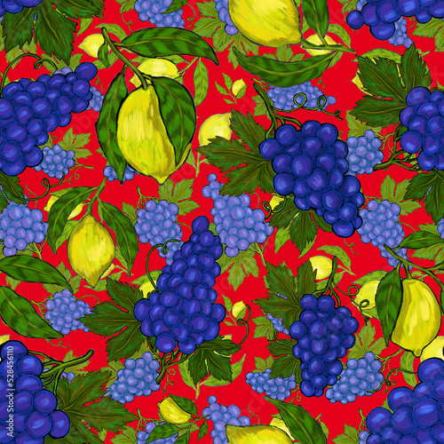 Fototapeta Naklejka Na Ścianę i Meble -  Creative seamless pattern with fruits: lemons, oranges, grapes and pomegranates. Oil paint effect. Bright summer print. Great design for any purposes	