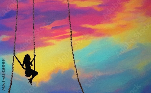 Fantasy art illustration of girl riding on swing silhouette. Flying girl fairy tale oil painting. Pastel colors and pink sunset background