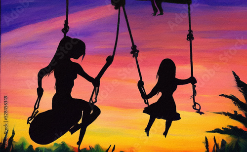 Fantasy art illustration of girl riding on swing silhouette. Flying girl fairy tale oil painting. Pastel colors and pink sunset background © Avgustus