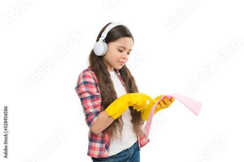 cleaning accessory. Cleaning worries away. Cleaning supplies. small girl earphones in yellow gloves. happy cleaning sunday. listen music housekeeping. Make household more joyful. child having fun