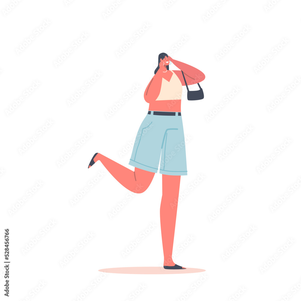 Stylish Woman Wearing Fashion Outfits Tank Top and Jeans Shorts Gesturing with Hands. Young Brunette Female Character Stylish Woman Wearing Fashion Outfits Tank Top and Jeans Shorts Gesturing with Hands. Young Brunette Female Character