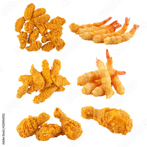 Assorted fried chicken and tempura shrimp collage