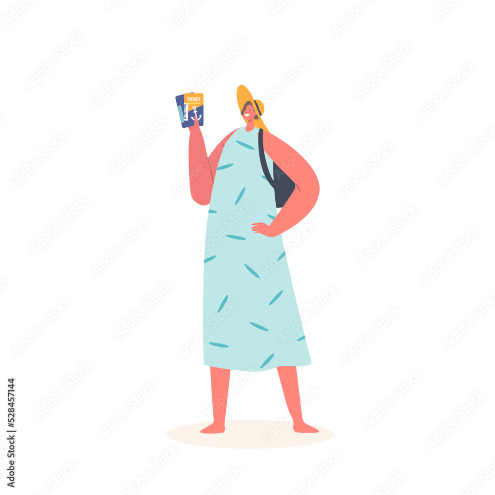 Tourist Female Character Holding Tickets for Traveling On Cruise Liner. Woman Passenger Prepare for Boat Voyage Tourist Female Character Holding Tickets for Traveling On Cruise Liner. Woman Passenger Prepare for Boat Voyage