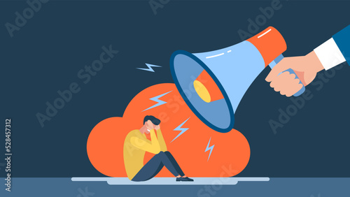 Conflict and troubles in communication concept. Bullying, harassment at work, families. Angry man character with megaphone screaming at sitting stressful frightened man. Vector business illustration