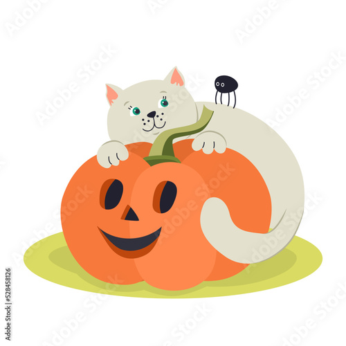 Funny kitten and jack-o-lantern pumpkin. Hand drawn vector illustration. Great for creating Halloween posters, greeting cards