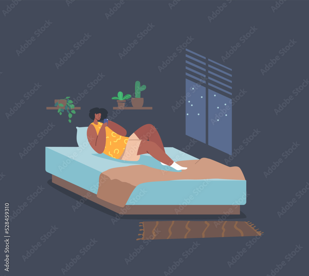 Obraz premium Young Woman Lying in Bed with Smartphone, Reading Message, Chatting with Friend. Female Character with Mobile Phone