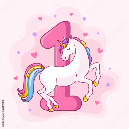 Number one and a cartoon unicorn on a light background. For a birthday.