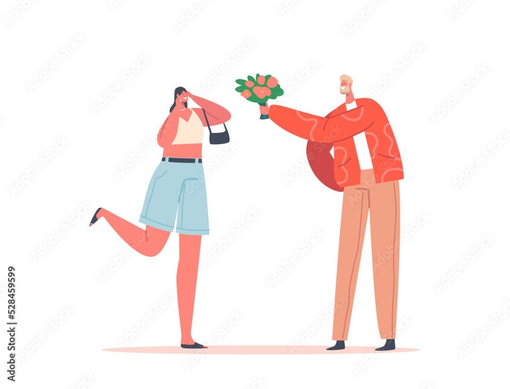 Young Couple Dating. Cute Embarrassed Girl Receive Bouquet of Beautiful Flowers from Boyfriend. Man Meet with Girlfriend