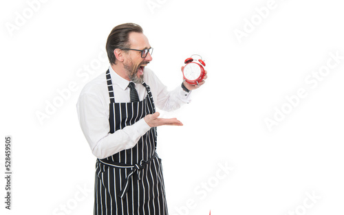 Cook looking at alarm clock shouting in panic. Restaurant owner isolated on white. Restaurant hours