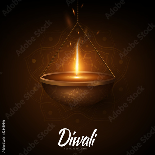 Hanging Diya lamp with traditional mandala ornament burning in the dark for Diwali holiday of lights. Greeting card in Indian style. Festive cover design. Vector illustration