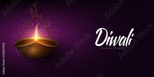Hanging 3d Diya lamp with traditional mandala ornament burning in the dark for Diwali holiday of lights. Greeting card in Indian style. Festive cover design. Vector