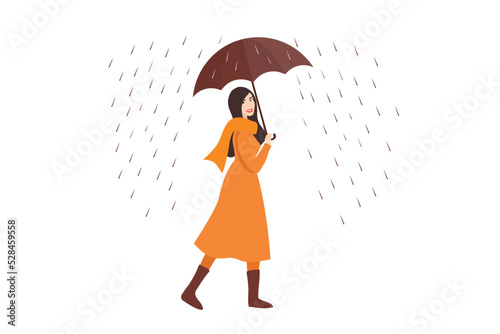 Young woman holding umbrella in raining day, walking under the rain vector illustration