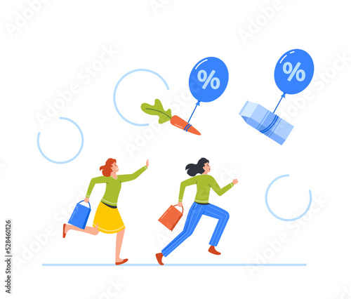 Food Inflation, Price Increase Due To Global Crisis And Economic Recession. Women Characters Trying To Keep Pace Grocery