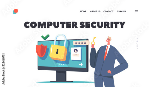 Data Protection, Security or Privacy in Internet Landing Page Template. Character near Computer with Strong Password