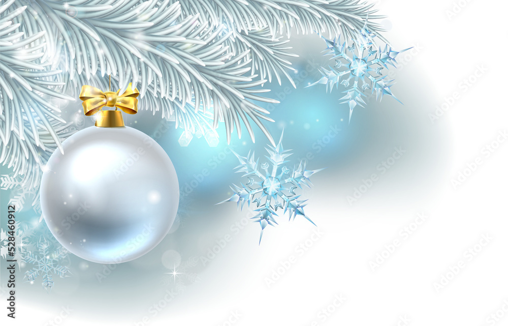 Snowflakes and Christmas tree bauble decoration ornament winter design background.