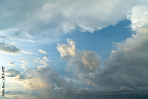 Horizon panorama and dramatic twilight sky and cloud sunset background. Natural sky background texture, beautiful color. Dark clouds, big storm and rain.